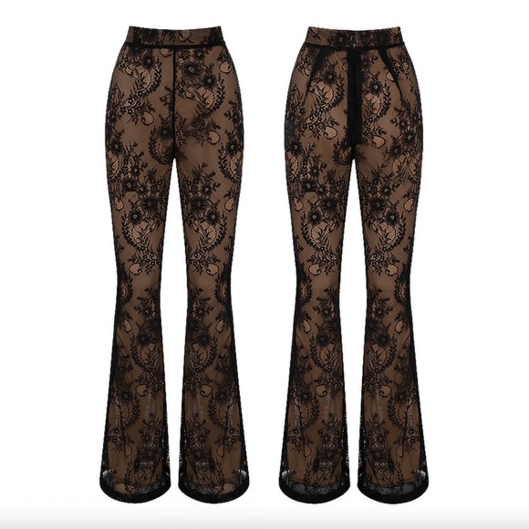House of CB Pants - HOUSE OF CB Ivy Black Lace High Waist Flare Trouser Pants Nude Illusion